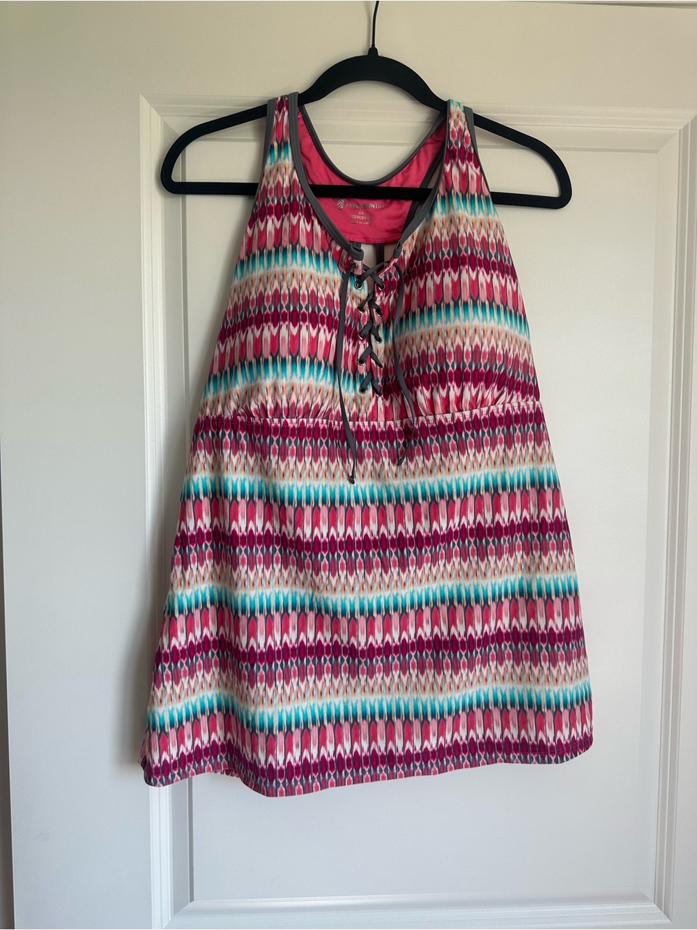 Source Unknown Pink Teal Multicolor Lace-Up Ikat Swim Top